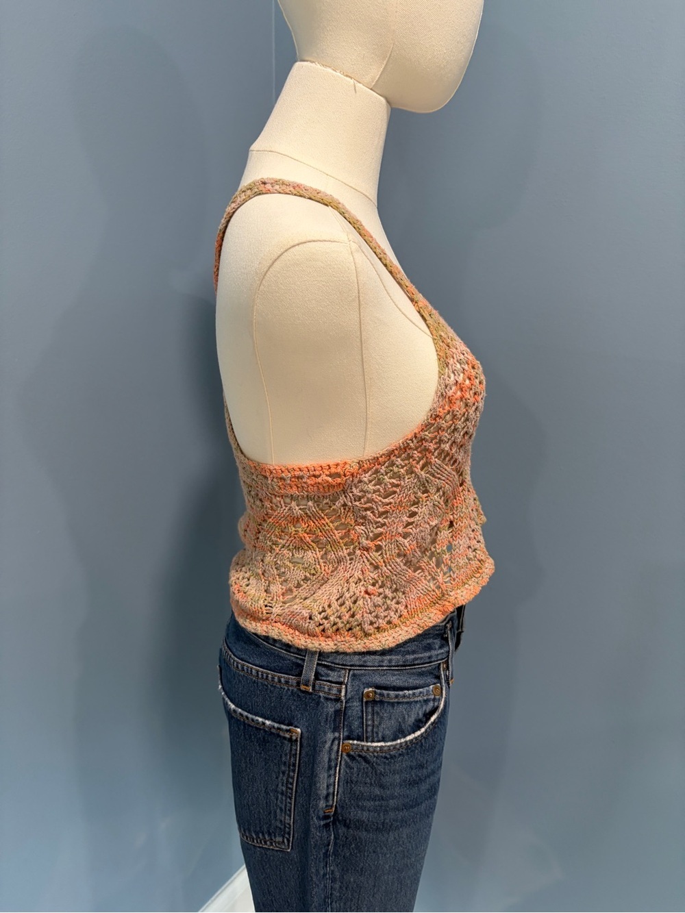 Free People Crochet Knit Tank Top XS Boho Open Knit Crop Racerback - Picture 4 of 6